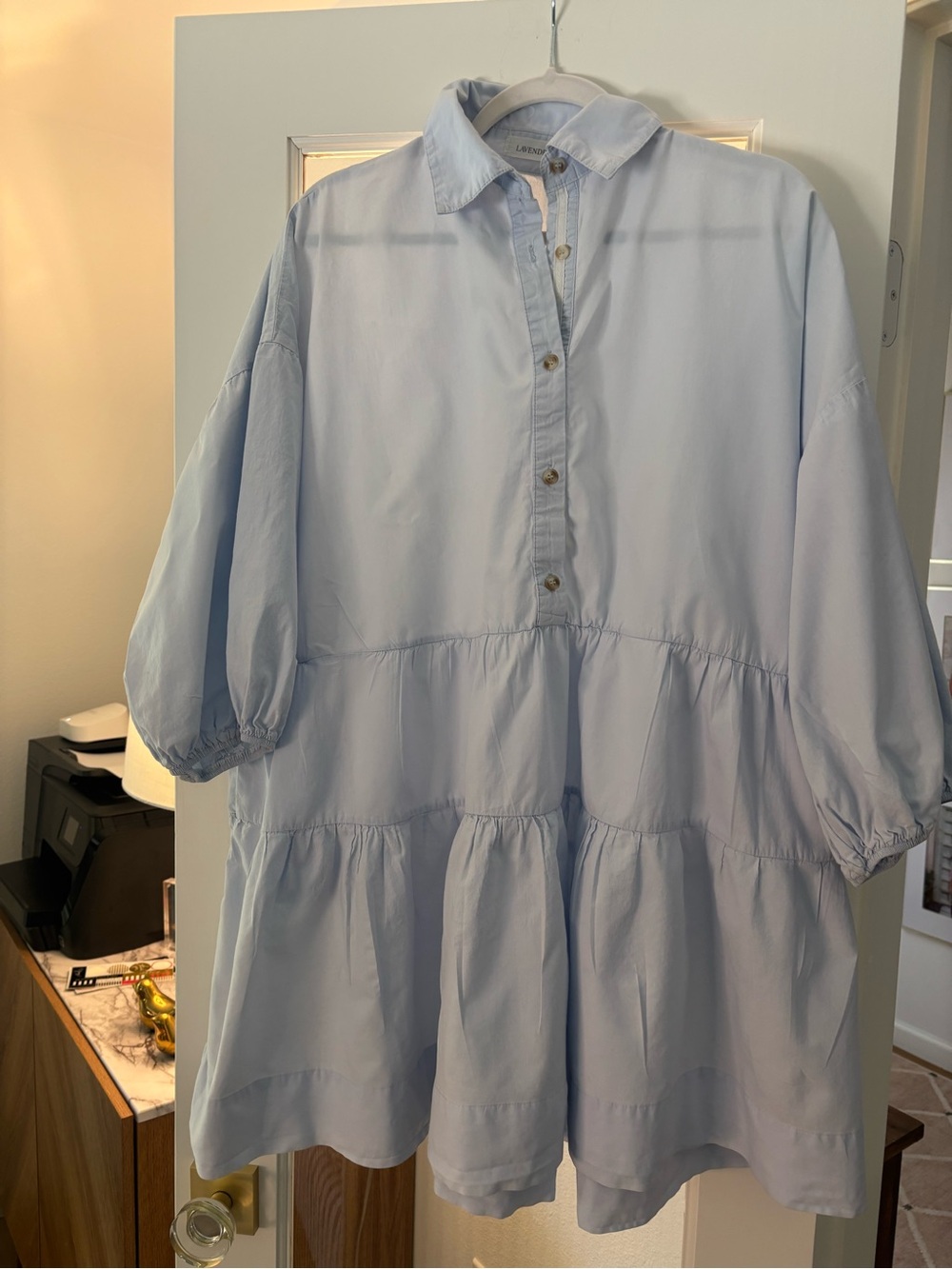 Relaxed Light Blue Tiered Shirt Dress